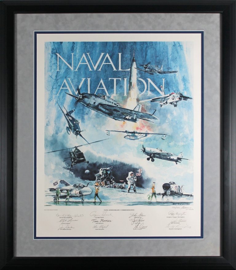 Naval Aviators (13) Bush, Foss, Glenn Signed 25x31 Framed Litho LE #872/1000 BAS