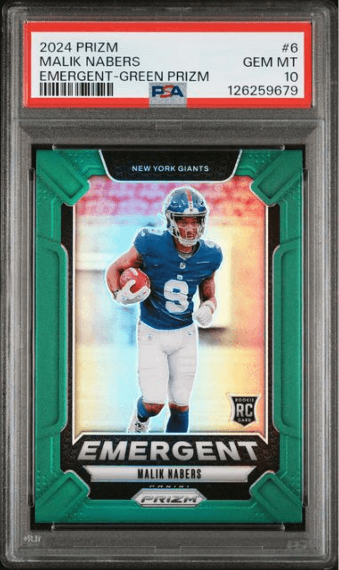 Graded 2024 Prizm Malik Nabers #6 Emergent Green RC Football Card PSA 10
