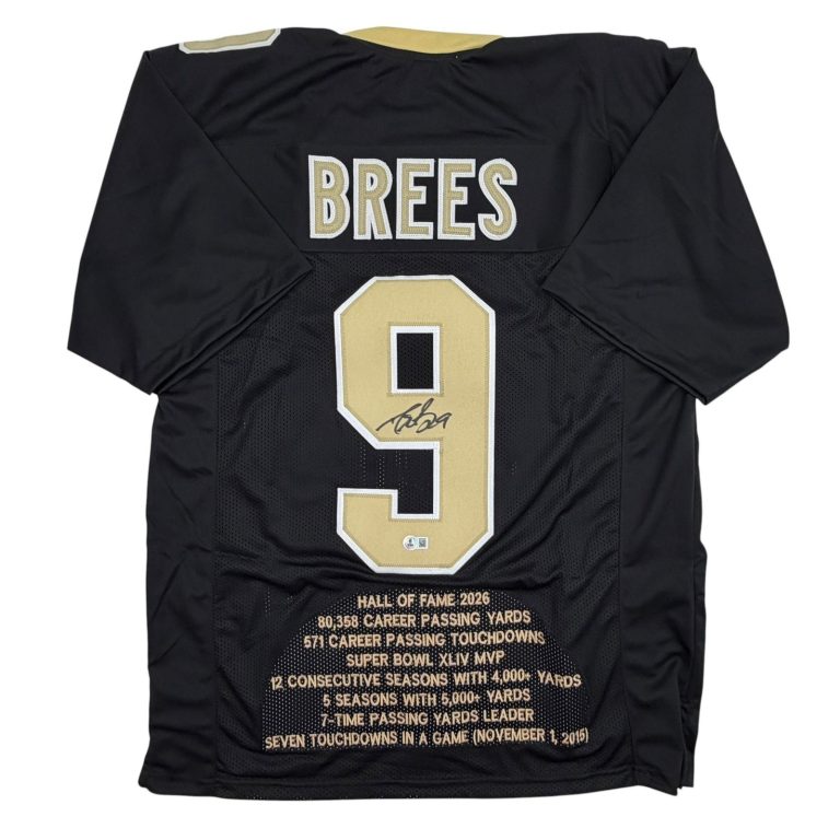 Autographed/Signed Drew Brees New Orleans Black Stat Jersey Beckett BAS COA