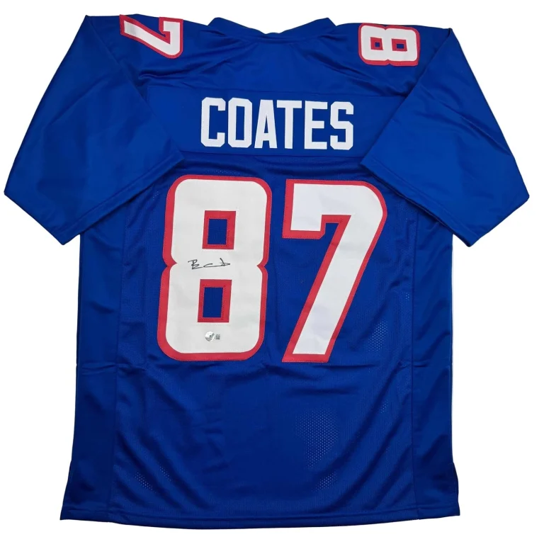 Autographed/Signed Ben Coates New England Blue Jersey Beckett BAS COA
