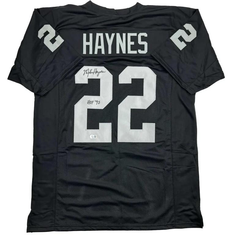Autographed/Signed Michael Haynes HOF 97 Oakland Black Jersey Beckett COA