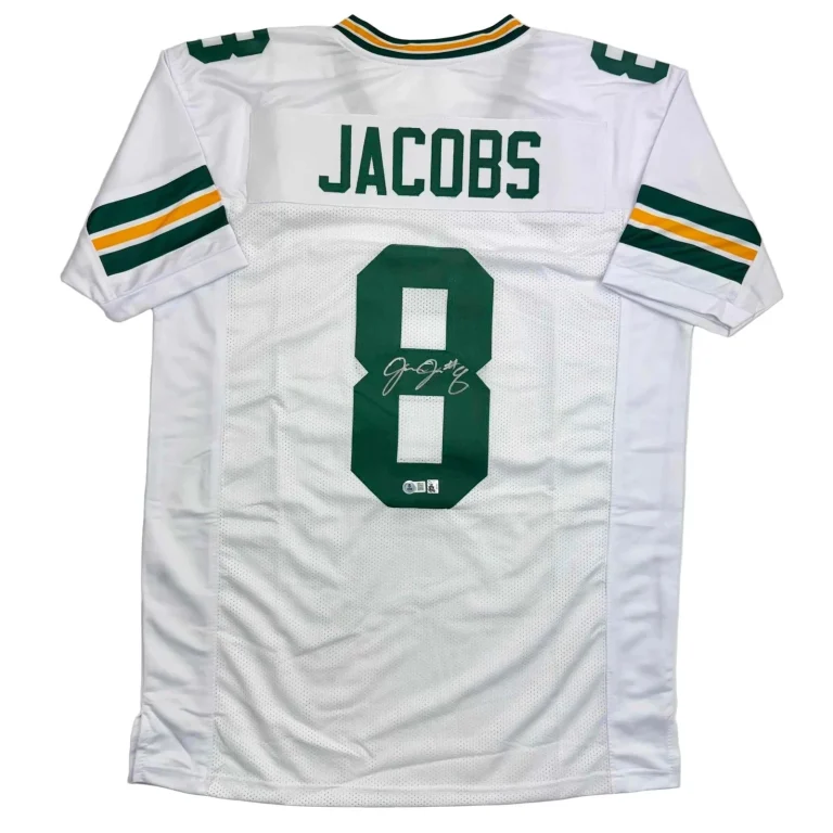 Autographed/Signed Josh Jacobs Green Bay White Jersey Beckett BAS COA