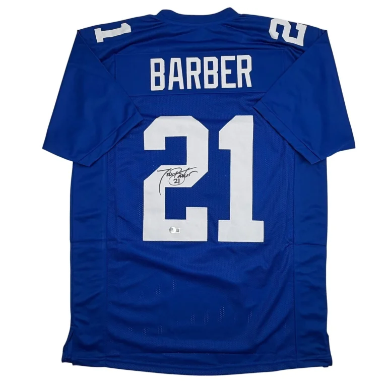 Autographed/Signed Tiki Barber New York Blue Football Jersey Beckett COA