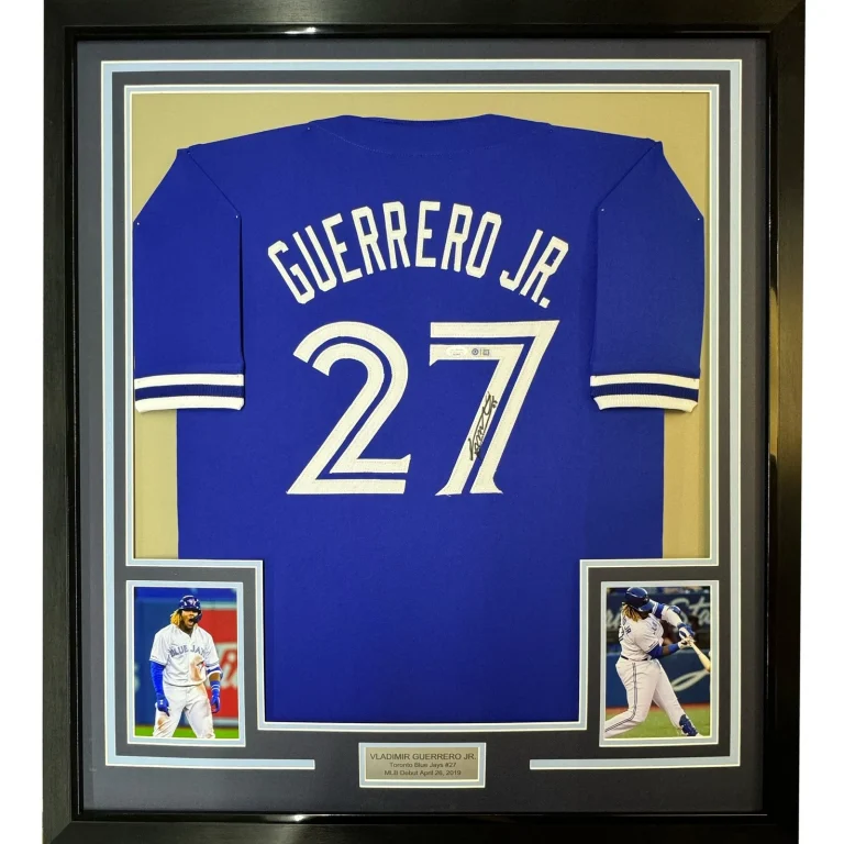 FRAMED Signed VLADIMIR VLAD GUERRERO JR 35x39 Blue Jersey PSA COA