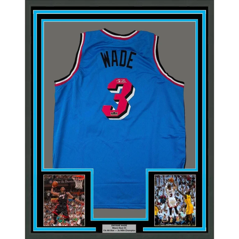Framed Facsimile Autographed Dwyane Wade 35x39 Blue Jersey