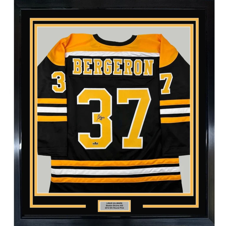 Framed Facsimile Autographed Patrice Bergeron 35x39 Black Reprint Jersey