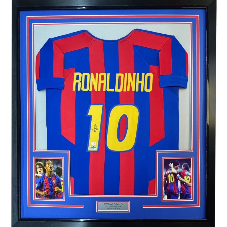 Framed Facsimile Autographed Ronaldinho 35x39 Blue/Red Jersey