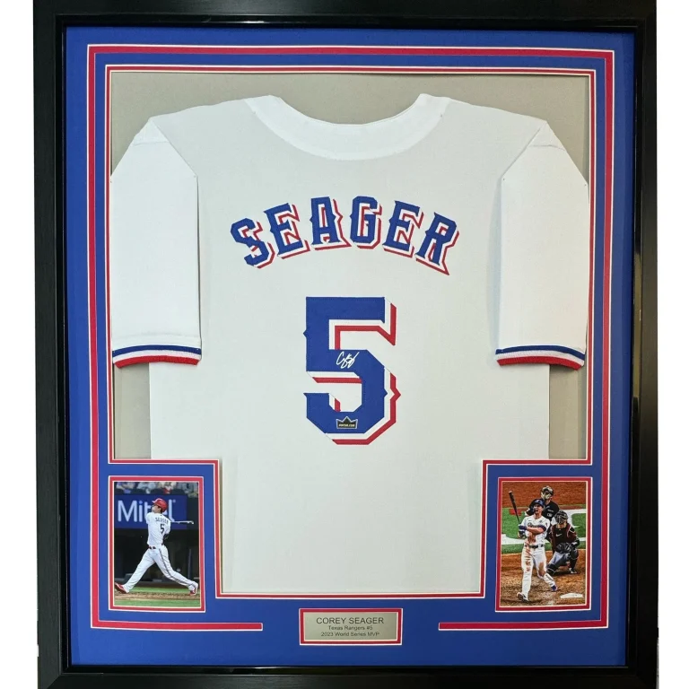 Framed Facsimile Autographed Corey Seager 35x39 White Jersey
