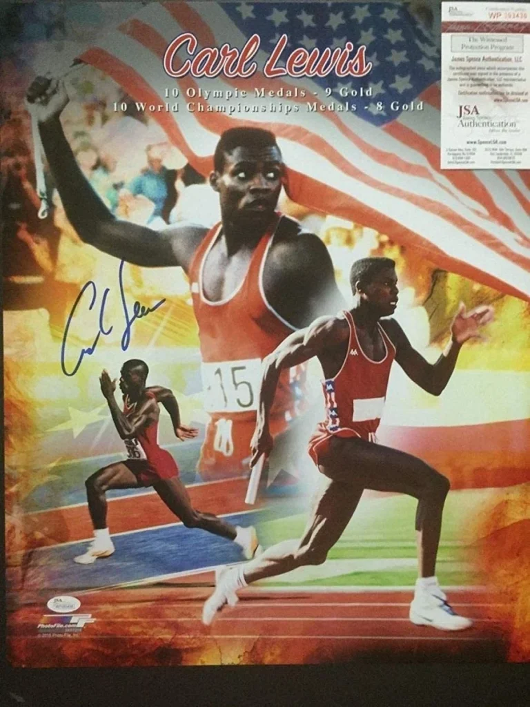 Autographed/Signed CARL LEWIS USA Track 9x Gold 16x20 Photo JSA COA