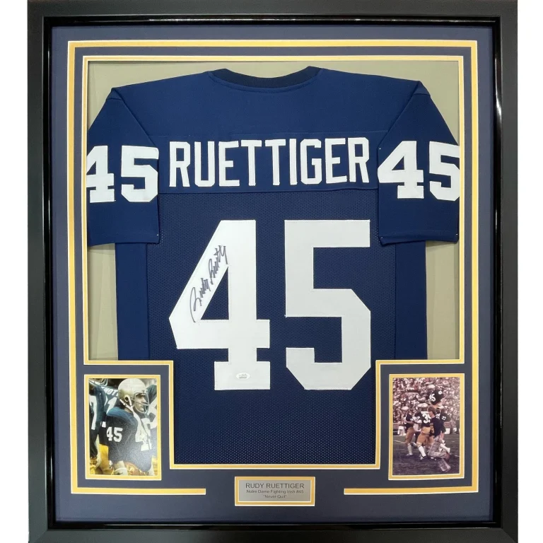FRAMED Signed RUDY RUETTIGER 35x39 Notre Dame Blue Jersey JSA COA
