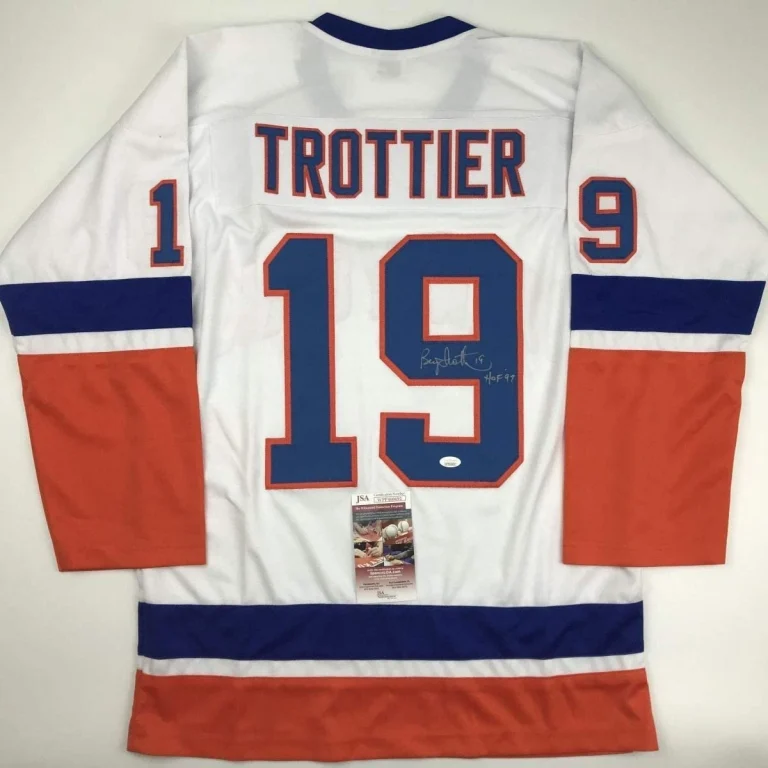 Autographed/Signed Bryan Trottier HOF 97 New York White Jersey JSA COA