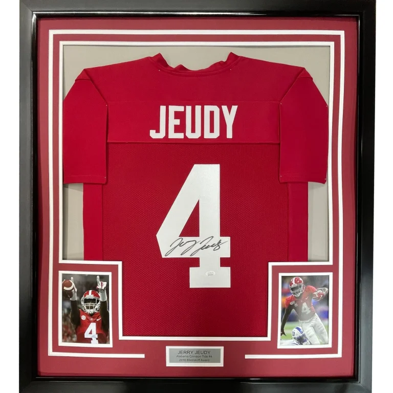 FRAMED Autographed/Signed JERRY JEUDY 35x39 Alabama Red Jersey JSA COA