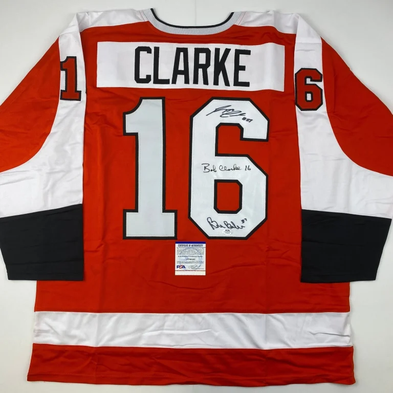 Signed LCB Line Reggie Leach Bobby Clarke Bill Barber Jersey PSA COA