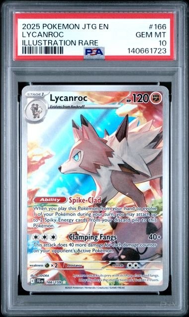Graded 2025 Pokemon JTG EN Lycanroc #166 Illustration Rare Card PSA 10