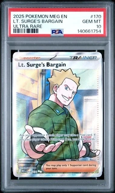 Graded 2025 Pokemon MEG EN Lt. Surge's Bargain #170 Ultra Rare Card PSA 10