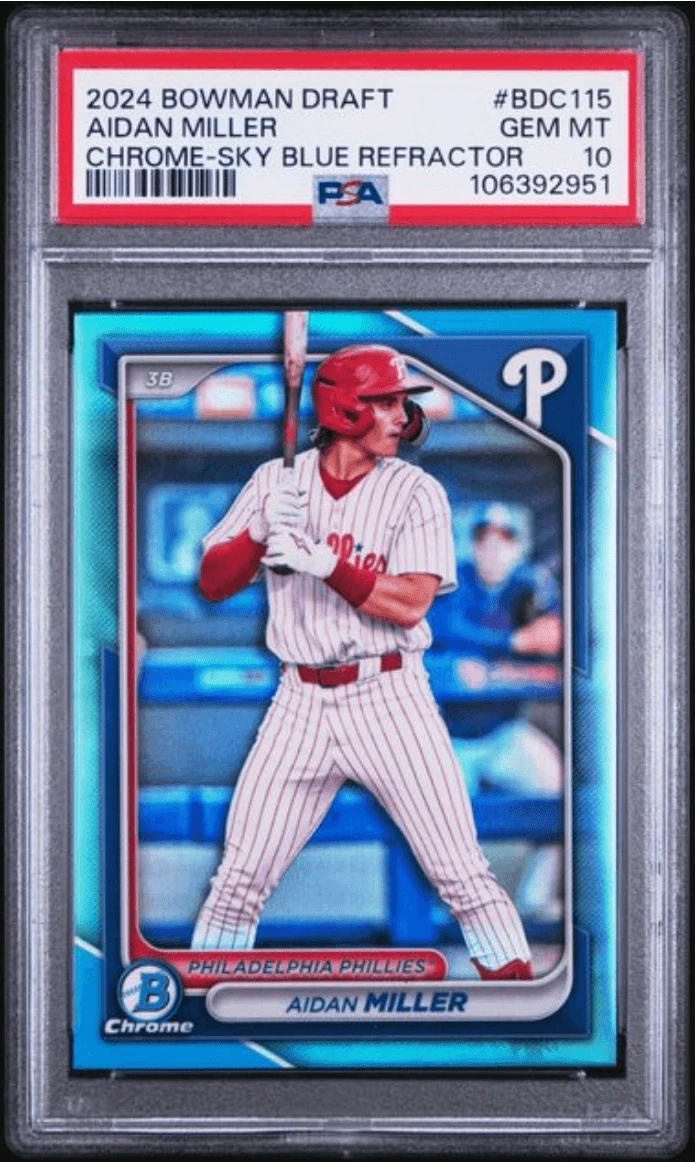 Graded 2024 Bowman Draft Aidan Miller BDC115 Chrome Sky Blue RC Card PSA 10