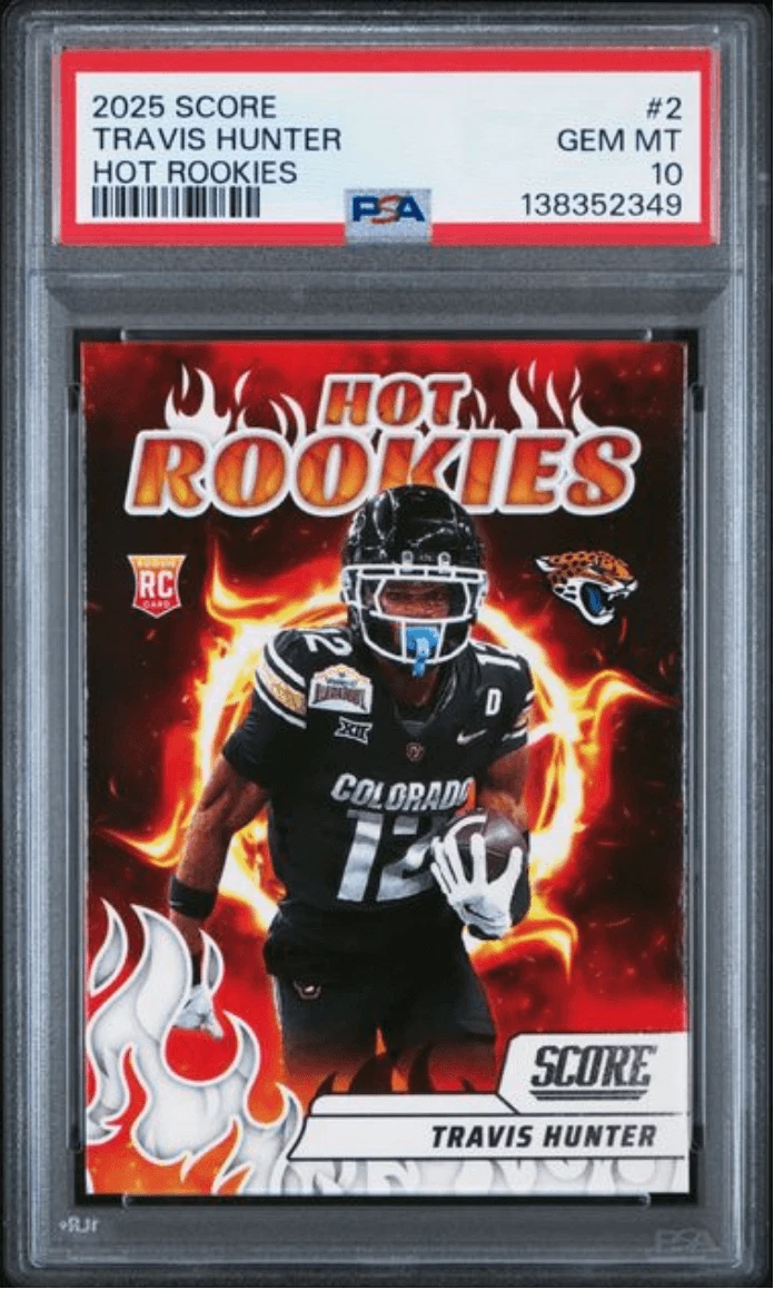 Graded 2025 Panini Score Travis Hunter #2 Hot Rookies Rookie Card PSA 10