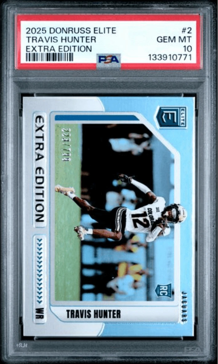 Graded 2025 Donruss Elite Travis Hunter #2 Extra Edition /799 Card PSA 10