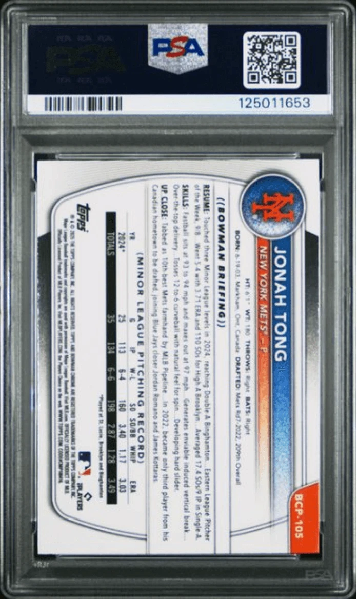 Graded 2025 Bowman Jonah Tong BCP105 Fuschia Wave /199 RC Card PSA 10