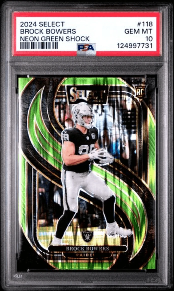 Graded 2024 Select Brock Bowers #118 Neon Green Shock /499 RC Card PSA 10