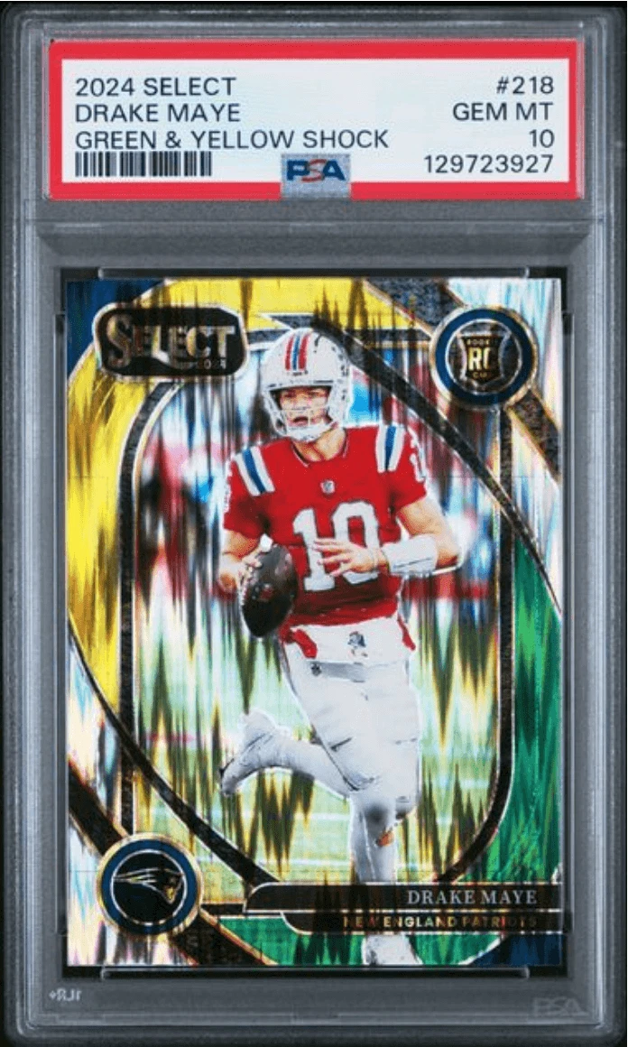 Graded 2024 Panini Select Drake Maye #218 Green Yellow Shock RC Card PSA 10