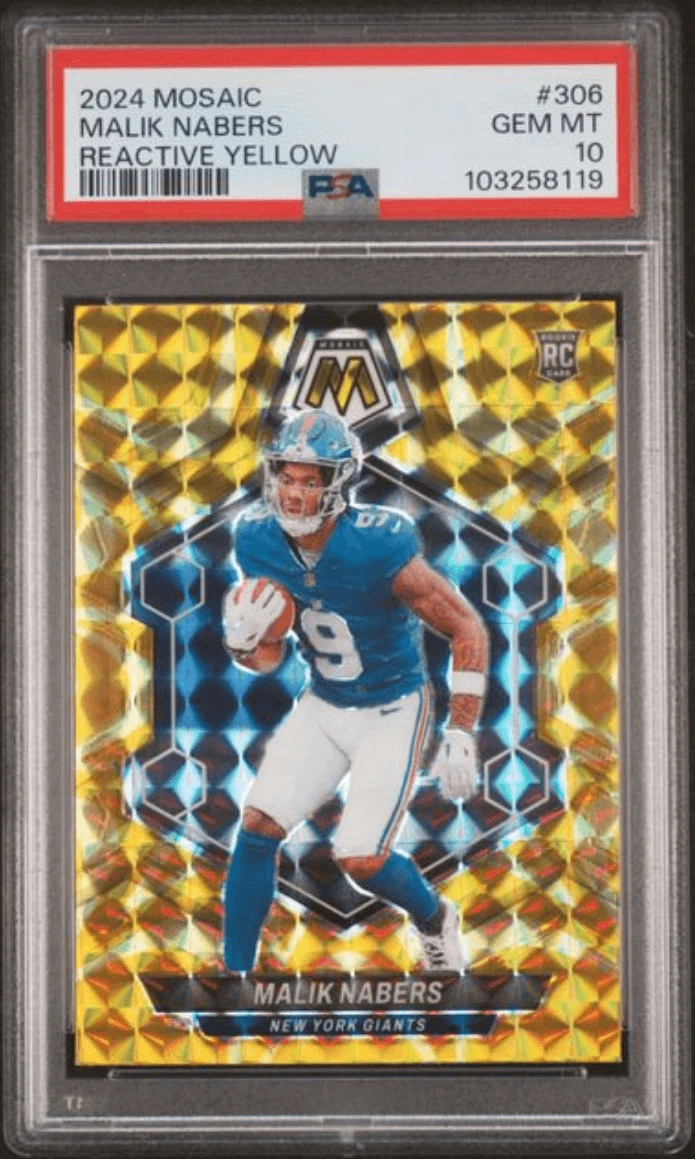 Graded 2024 Panini Mosaic Malik Nabers #306 Reactive Yellow RC Card PSA 10