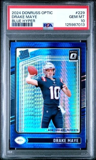 Graded 2024 Donruss Optic Drake Maye #229 Blue Hyper RC Card PSA 10