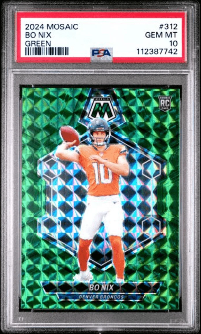 Graded 2024 Panini Mosaic Bo Nix #312 Green Rookie RC Card PSA 10 Mint