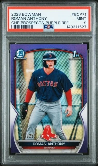 Graded 2023 Bowman Roman Anthony BCP71 /250 Chrome Purple REF RC Card PSA 9