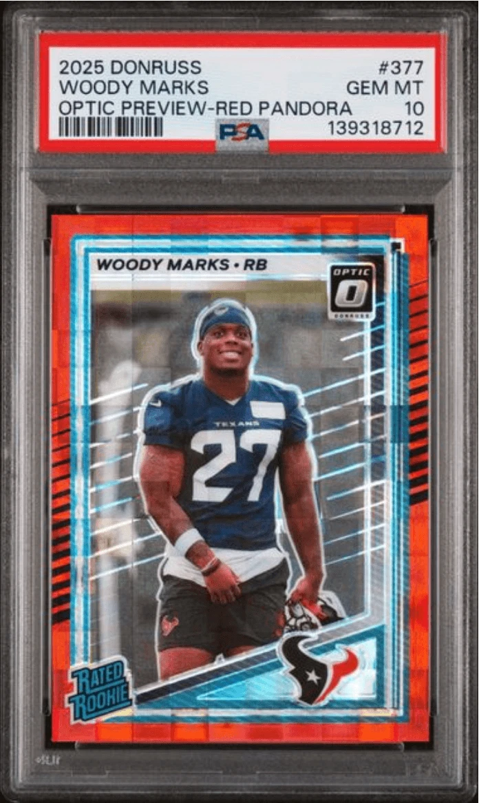 Graded 2025 Panini Donruss Woody Marks #377 Red Pandora RC Card PSA 10