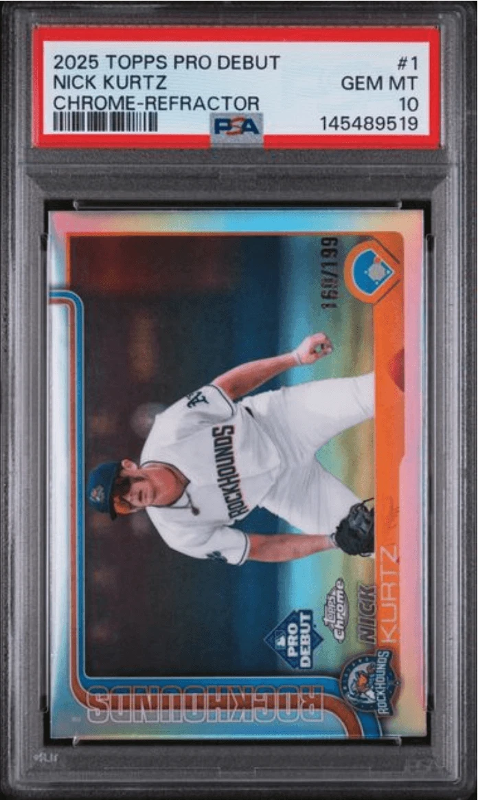Graded 2025 Topps Pro Debut Nick Kurtz #1 Refractor /199 RC Card PSA 10