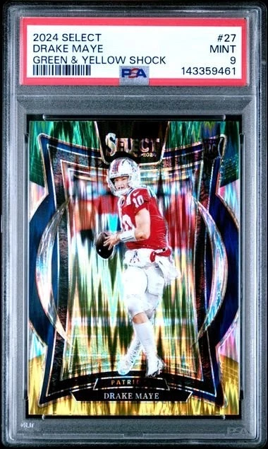 Graded 2024 Panini Select Drake Maye #27 Green Yellow Shock RC Card PSA 9