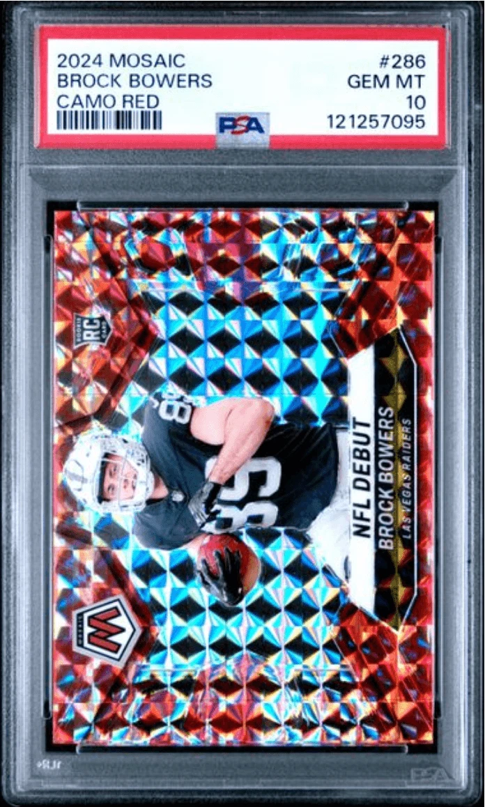 Graded 2024 Panini Mosaic Brock Bowers #286 Camo Red Rookie Card PSA 10