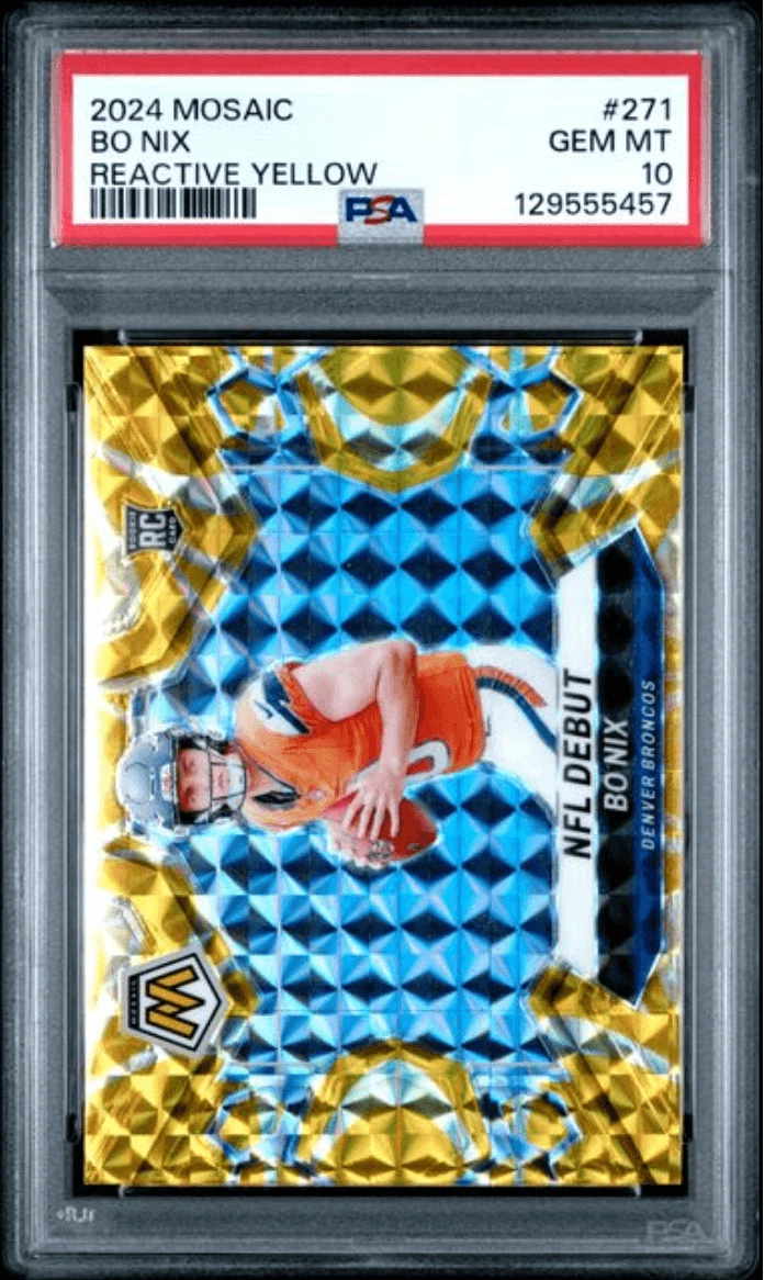 Graded 2024 Panini Mosaic Bo Nix #271 Reactive Yellow Rookie Card PSA 10
