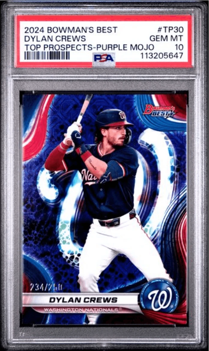Graded 2024 Bowmans Best Dylan Crews #TP40 Purple Mojo /250 RC Card PSA 10