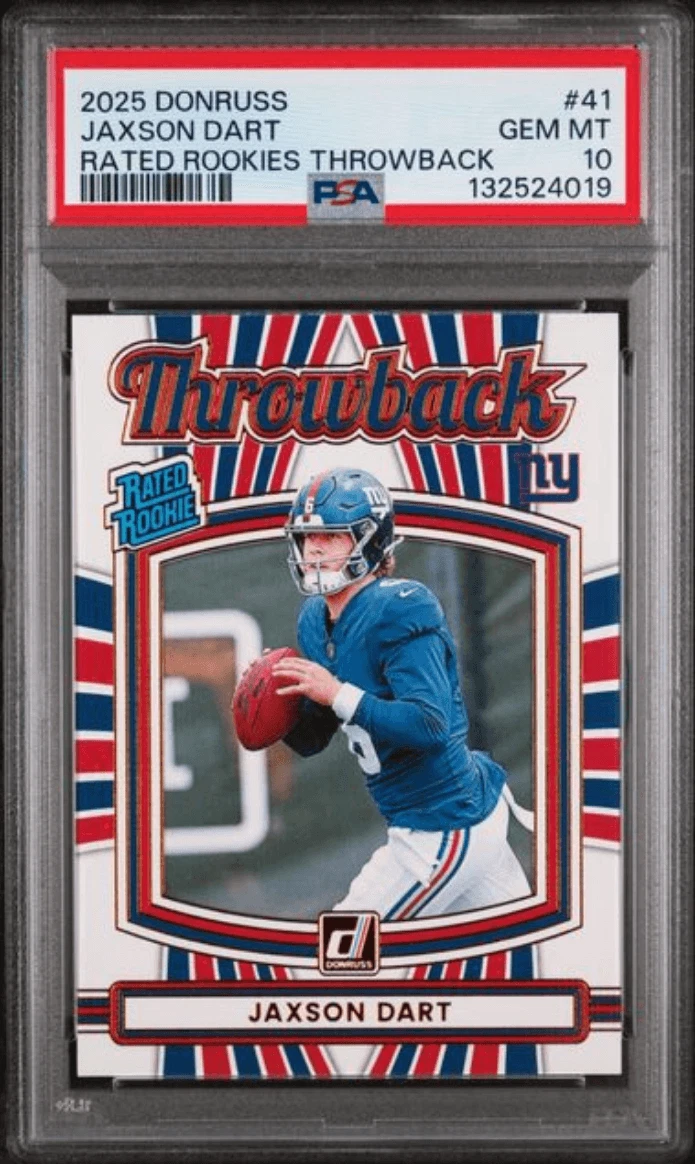 Graded 2025 Donruss Jaxson Dart #41 Rated Rookies Throwback Card PSA 10