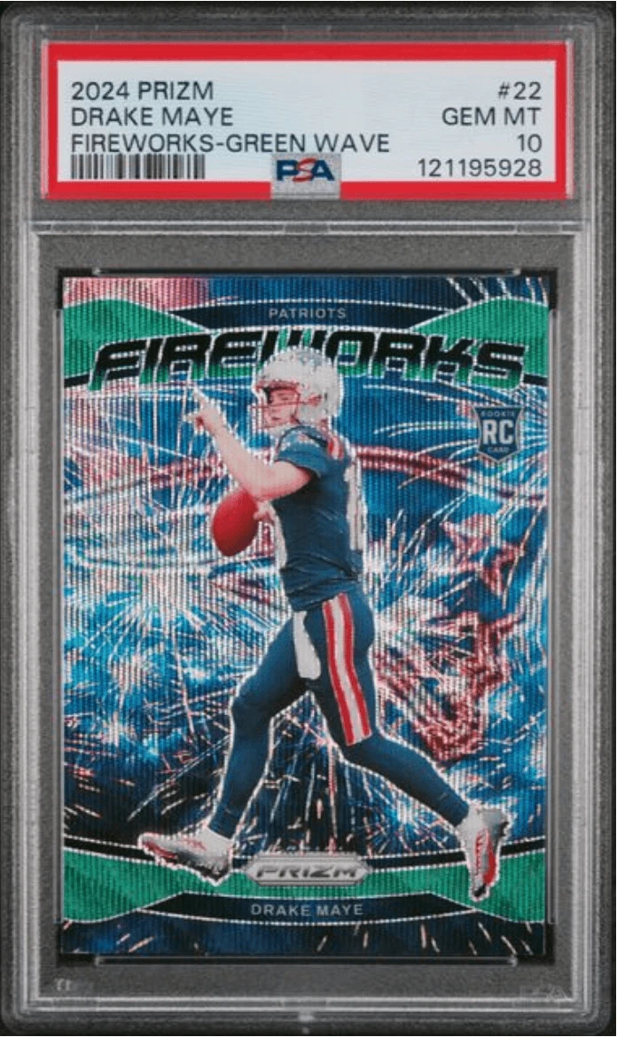 Graded 2024 Panini Prizm Drake Maye #22 Fireworks Green Wave RC Card PSA 10