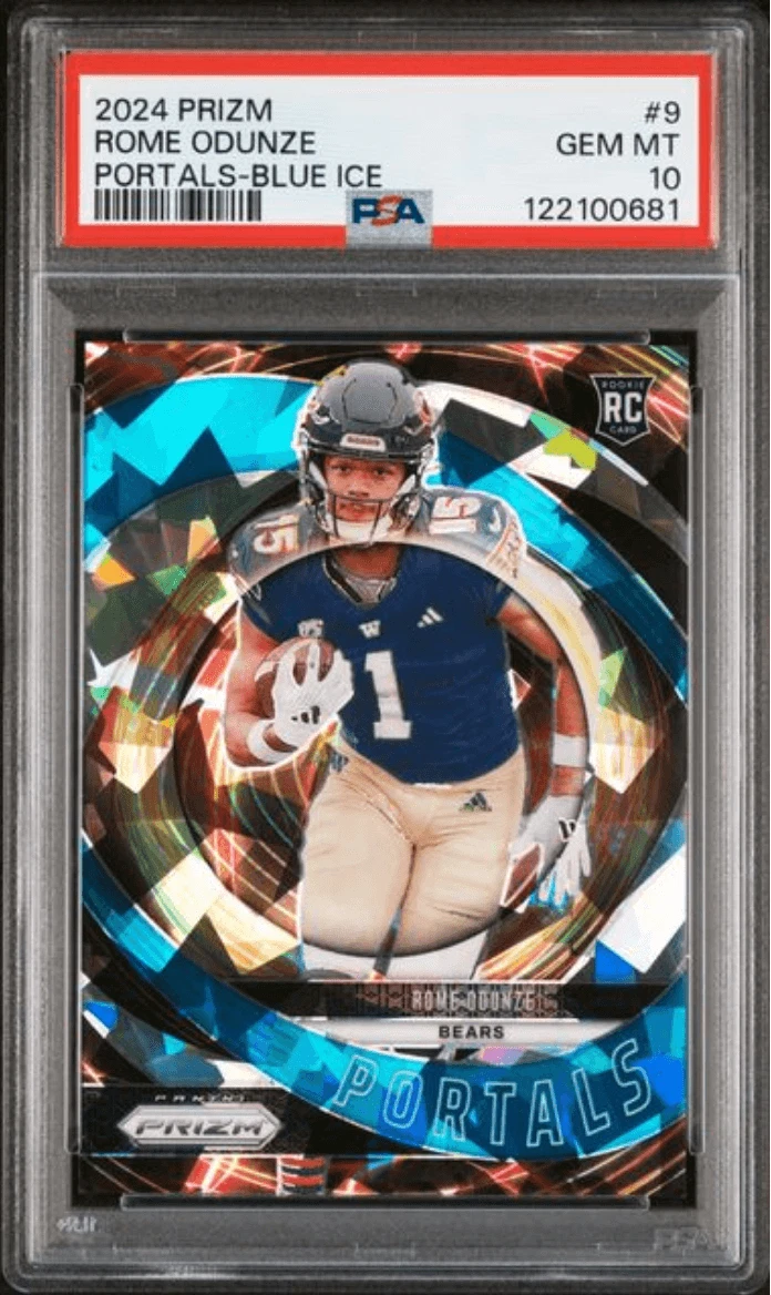 Graded 2024 Panini Prizm Rome Odunze #9 Portals Blue Ice /99 RC Card PSA 10