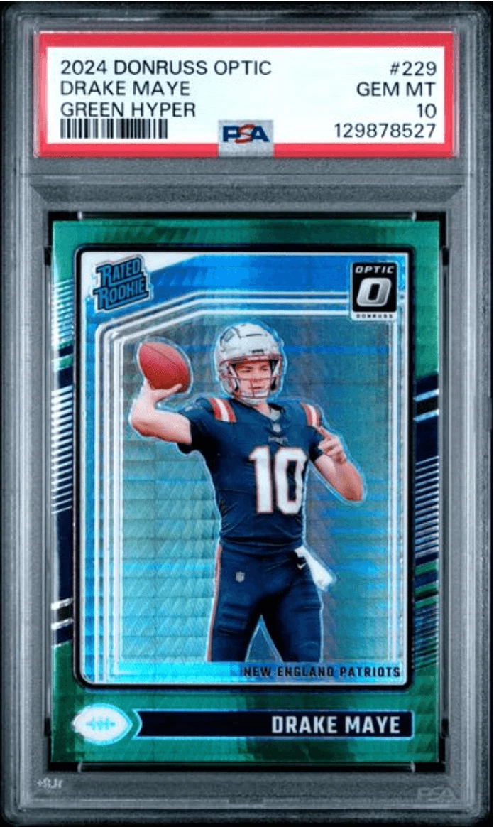 Graded 2024 Panini Donruss Optic Drake Maye #229 Green Hyper RC Card PSA 10