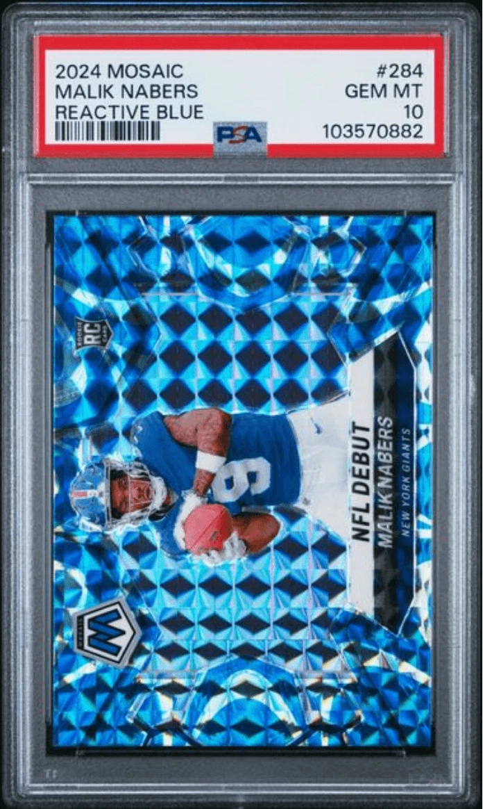 Graded 2024 Panini Mosaic Malik Nabers 284 Reactive Blue Rookie Card PSA 10