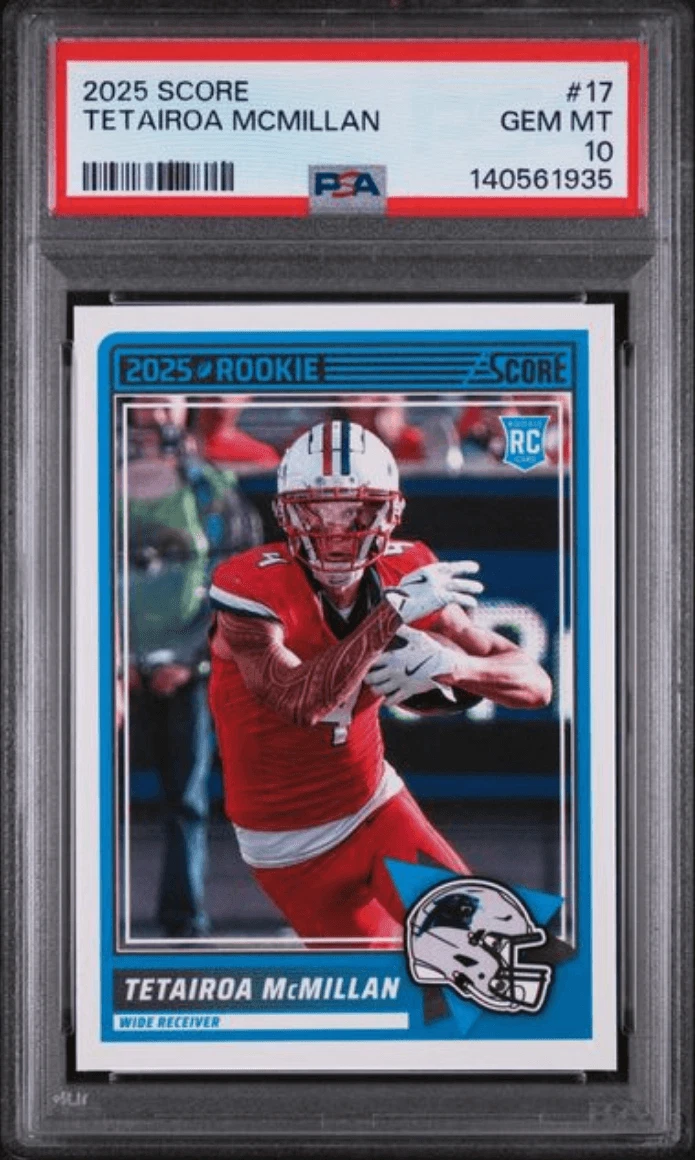Graded 2025 Panini Score Tetairoa McMillan #17 Rookie Card PSA 10
