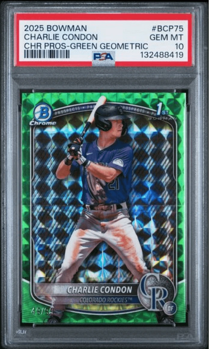 Graded 2025 Bowman Charlie Condon #BCP75 Green Geometric /99 RC Card PSA 10
