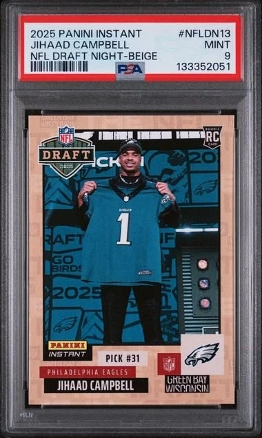 Graded 2025 Panini Instant DN Beige Jihaad Campbell #NFLDN13 /25 Card PSA 9