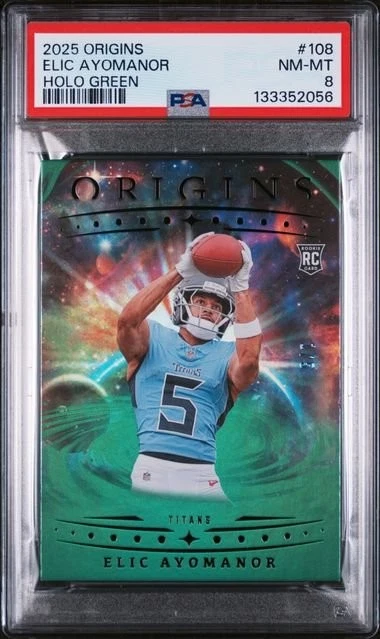 2025 Panini Origins Holo Green Elic Ayomanor #108 1/5 RC Card PSA 8 NM-MT