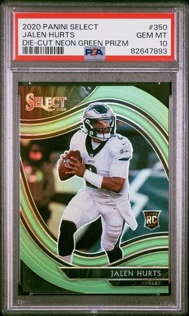 Graded 2020 Panini Select Jalen Hurts #350 Die Cut Neon Green Prizm PSA 10