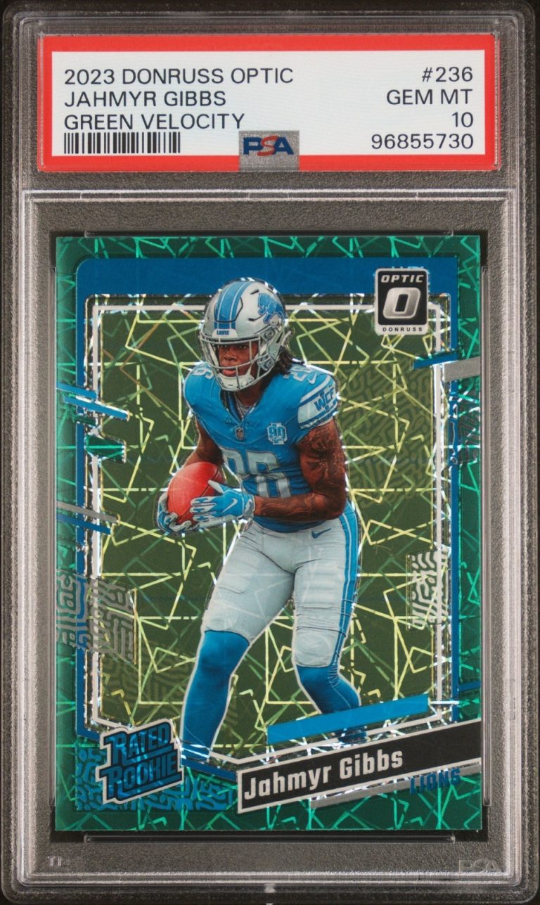 Graded 2023 Donruss Optic Jahmyr Gibbs #236 Green Velo RC Card PSA 10