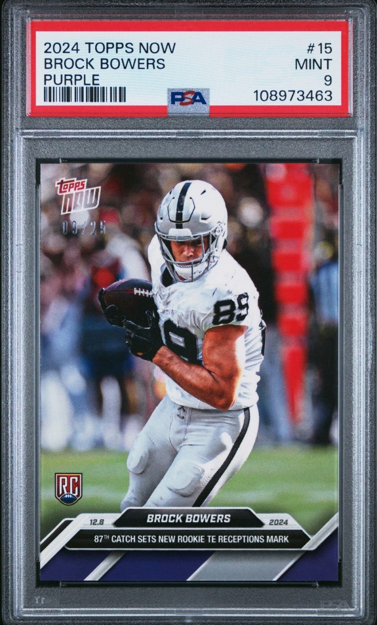 Graded 2024 Topps Now Brock Bowers #15 Purple /25 Rookie RC Card PSA 9
