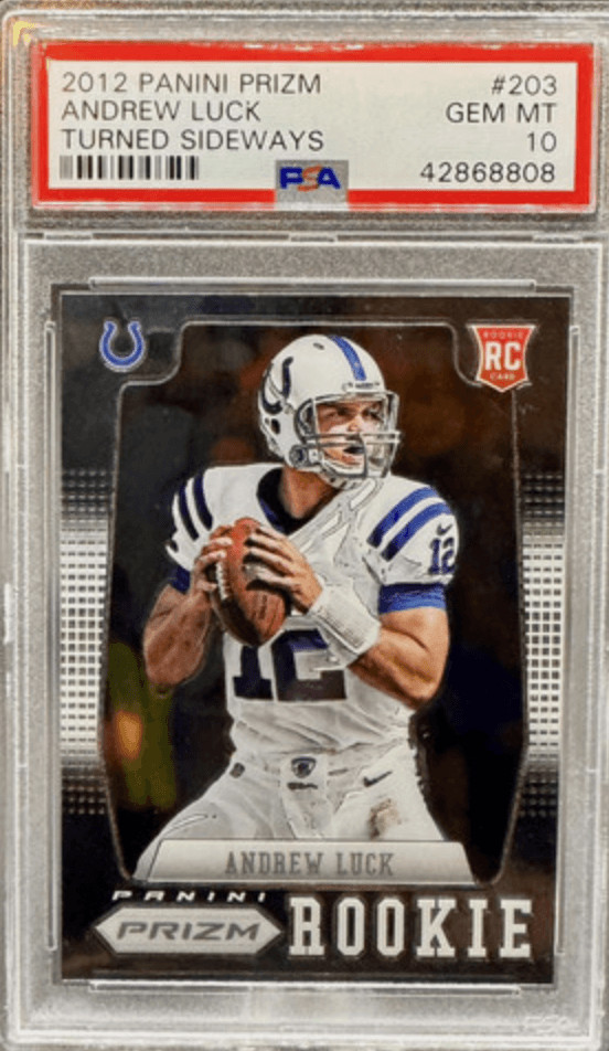 Graded 2012 Panini Prizm Andrew Luck #203 Turned Sideway RC Card PSA 10