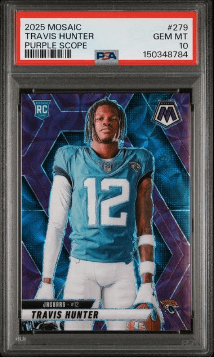 Graded 2025 Mosaic Travis Hunter #279 Purple Scope RC Football Card PSA 10
