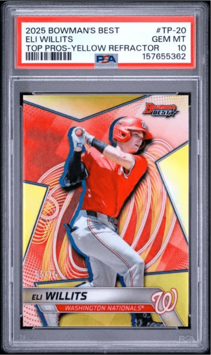 Graded 2025 Bowmans Best Eli Willits #TP20 Yellow REF /75 RC Card PSA 10